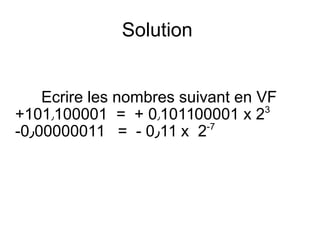 Solution
Ecrire les nombres suivant en VF
+101٫100001 = + 0٫101100001 x 23
-0٫00000011 = - 0٫11 x 2-7
 