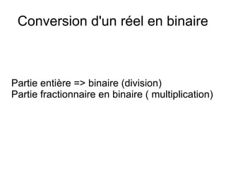 Conversion d'un réel en binaire
Partie entière => binaire (division)
Partie fractionnaire en binaire ( multiplication)
 