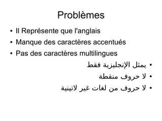 Problèmes
● Il Représente que l'anglais
● Manque des caractères accentués
● Pas des caractères multilingues
●‫فقط‬ ‫الجنجليزية‬ ‫يمثل‬
●‫منقطة‬ ‫حروف‬ ‫ل‬
●‫لتينية‬ ‫غير‬ ‫لغات‬ ‫من‬ ‫حروف‬ ‫ل‬
 