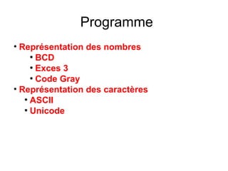 Programme
• Représentation des nombres
●
BCD
●
Exces 3
●
Code Gray
• Représentation des caractères
●
ASCII
●
Unicode
 