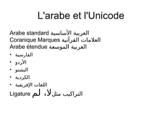 L'arabe et l'Unicode
Arabe standard ‫الساسية‬ ‫العربية‬
Coranique Marques ‫القرآجنية‬ ‫العلمات‬
Arabe étendue ‫الموسعة‬ ‫العربية‬
• ‫الفارسية‬
• ‫الردو‬
• ‫البشتو‬
• ‫الكردية‬
• ‫الفريقية‬ ‫اللغات‬
Ligature ‫مثل‬ ‫التراكيب‬‫لم‬ ، ‫ل‬
 