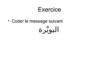 Exercice
• Coder le message suivant
‫يرة‬‫ي‬ ‫البو‬
 