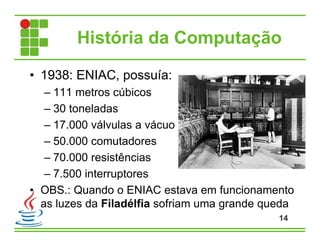 História da Computação
• 1938: ENIAC, possuía:
– 111 metros cúbicos
– 30 toneladas
– 17.000 válvulas a vácuo
– 50.000 comutadores
– 70.000 resistências
– 7.500 interruptores
• OBS.: Quando o ENIAC estava em funcionamento
as luzes da Filadélfia sofriam uma grande queda
14
 