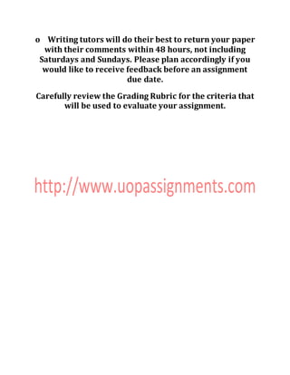 o Writing tutors will do their best to return your paper
with their comments within 48 hours, not including
Saturdays and Sundays. Please plan accordingly if you
would like to receive feedback before an assignment
due date.
Carefully review the Grading Rubric for the criteria that
will be used to evaluate your assignment.
 