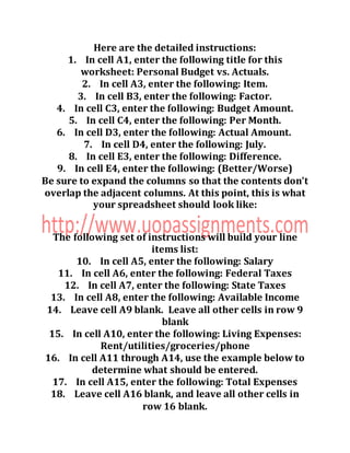 Here are the detailed instructions:
1. In cell A1, enter the following title for this
worksheet: Personal Budget vs. Actuals.
2. In cell A3, enter the following: Item.
3. In cell B3, enter the following: Factor.
4. In cell C3, enter the following: Budget Amount.
5. In cell C4, enter the following: Per Month.
6. In cell D3, enter the following: Actual Amount.
7. In cell D4, enter the following: July.
8. In cell E3, enter the following: Difference.
9. In cell E4, enter the following: (Better/Worse)
Be sure to expand the columns so that the contents don’t
overlap the adjacent columns. At this point, this is what
your spreadsheet should look like:
The following set of instructions will build your line
items list:
10. In cell A5, enter the following: Salary
11. In cell A6, enter the following: Federal Taxes
12. In cell A7, enter the following: State Taxes
13. In cell A8, enter the following: Available Income
14. Leave cell A9 blank. Leave all other cells in row 9
blank
15. In cell A10, enter the following: Living Expenses:
Rent/utilities/groceries/phone
16. In cell A11 through A14, use the example below to
determine what should be entered.
17. In cell A15, enter the following: Total Expenses
18. Leave cell A16 blank, and leave all other cells in
row 16 blank.
 
