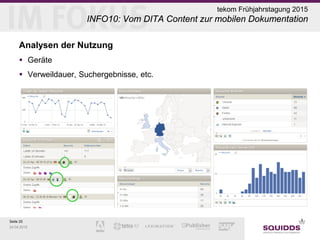 Seite 25
24.04.2015
tekom Frühjahrstagung 2015
INFO10: Vom DITA Content zur mobilen Dokumentation
Analysen der Nutzung
 Geräte
 Verweildauer, Suchergebnisse, etc.
 
