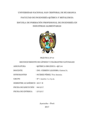 UNIVERSIDAD NACIONAL SAN CRISTOBAL DE HUAMANGA
FACULTAD DE INGENIERÍA QUÍMICA Y METALURGIA
ESCUELA DE FORMACIÓN PROFESIONAL DE INGENIERÍA EN
INDUSTRIAS ALIMENTARIAS
PRÁCTICA N°10
RECONOCIMIENTO DE LÍPIDOS Y COLORANTES NATURALES
ASIGNATURA : QUÍMICA ORGÁNICA –QU144
DOCENTE : ING. CERRÓN LEANDRO, Gabriel A.
INTEGRANTES : SUÁREZ PÉREZ, Yvis Antonio.
GRUPO : N° 1 martes 1 a 4 p.m.
SEMESTRE ACADÉMICO : 2017- II
FECHA DE EJECUCIÓN : 06/12/17
FECHA DE ENTREGA : 27/12/17
Ayacucho – Perú
2017
 