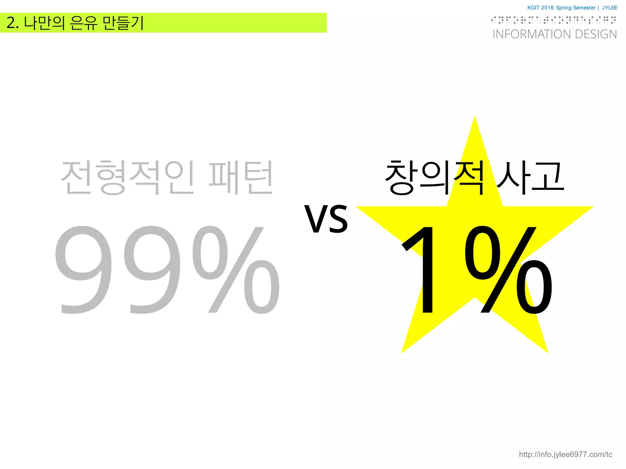 KGIT 2016 Spring Semester | JYLEE
INFORMATION DESIGN
INFORMATIONDESIGN
http://info.jylee6977.com/tc
2. 나만의 은유 만들기
전형적인 패턴
99%
VS
창의적 사고
1%
 