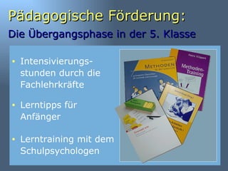 Pädagogische Förderung: Die Übergangsphase in der 5. Klasse   Intensivierungs-stunden durch die Fachlehrkräfte Lerntipps für Anfänger Lerntraining mit dem Schulpsychologen 