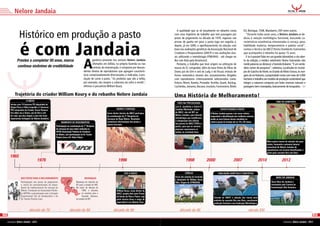 Nelore Jandaia


                  Histórico em produção a pasto
                                                                                                                                                        A qualidade que se vê atualmente no rebanho conta                    DS, Berloque, 7308, Mandarim, USP entre outros.
                                                                                                                                                      com uma trajetória de trabalho que tem passagem por                      “Durante todos esses anos, o Nelore Jandaia se de-
                                                                                                                                                      pistas de julgamento na década de 1970, ingresso nas                   dicou à seleção morfológica funcional, buscando ca-




                   é com Jandaia
                                                                                                                                                      provas de ganho em peso a pasto logo em seguida e,                     racterísticas econômicas relacionadas à carcaça, peso,
                                                                                                                                                      depois, já em 2000, o aperfeiçoamento da seleção com                   habilidade materna, temperamento e padrão racial”,
                                                                                                                                                      base nas avaliações genéticas da Associação Nacional de                contou o técnico da ABCZ Divino Humberto Guimarães
                                                                                                                                                      Criadores e Pesquisadores (ANCP) e nas avaliações visu-                que acompanha o rebanho há quase 15 anos.
                                                                                                                                                      ais utilizando a metodologia EPMURAS - até chegar no                     E se é possível falar em um grande laboratório a céu aber-


                                                                                      A
               Prestes a completar 50 anos, marca                                             genética presente nos animais Nelore Jandaia            Boi com Bula pela BrasilcomZ.                                          to da seleção, o médico veterinário Divino Guimarães não
                                                                                              ofertados em leilões, na própria fazenda ou nas           Portanto, o trabalho que teve origem na utilização de                mede palavras ao destacar a Fazenda Kuluene. “É um verda-
               continua sinônimo de credibilidade                                             centrais de inseminação, é composta por descen-         touros do IZ, Lemgruber, além da base feitas de filhas de              deiro centro de pesquisas”, salientou. Localizada no municí-
                                                                                      dentes diretos de reprodutores que agregam caracterís-          Dumu pai do Gim e avô do Ludy, e do Visual, evoluiu de                 pio de Gaúcha do Norte, no Estado do Mato Grosso, às mar-
                                                                                      ticas comprovadamente direcionadas, e indicadas, à pro-         forma sistemática através dos acasalamentos dirigidos                  gens do rio Kuluene, a propriedade conta com mais de 5.000
                                                                                      dução de carne a pasto. “Os produtos que vão a leilão,          com reprodutores criteriosamente selecionados como:                    hectares e trabalha um modelo de produção sustentável que
                                                                                      por exemplo, são sempre a cabeceira da safra à venda”,          Enlevo, Marel, Rambo, Provador, Tecelão, Quark, Backup,                integra a natureza composta por belas reservas naturais e
                                                                                      afirmou o pecuarista William Koury.                             Cachimbo, Jamanta, Bacana, Insoluto, Funcionário, Bitelo               pastagens bem manejadas, basicamente de braquiária.

             Trajetória do criador William Koury e do rebanho Nelore Jandaia                                                                          Uma História de Melhoramento!
                         O INÍCIO                                                                                                                                                                                                                           TIME DE CAMPEÕES
                                                                                                                                                        FOCO NA PRECOCIDADE
        Iniciou com 74 bezerras PO adquiridas de
        Sérgio Pizza e Fábio Leopoldo e 2 bezerros                                                                                                    Luiz A. Josahkian e Carlos H.
        POI comprados do Criador Torres Homem.                                                                     AGORA É CARCAÇA                    Cavallari Machado, ambos                     IDENTIFICADOS A PASTO
        Um deles era o Dumu, pai do Gim e avô                                                             Como diretor técnico da ABCZ participou     da ABCZ, vão até MT, no           O Nelore Jandaia passou a ter como critério
        do Ludy, que deu origem a uma das mais                                                            da coordenação do 2° Simpósio de            Nelore Jandaia, para discutir     inegociável a identificação dos melhores animais,
        importantes linhagens do Nelore brasileiro.                                                       Carcaças da Raça Nelore. Resultado          metodologia que modificaria       sendo os seus futuros touros mantidos no
                                                                                                          norteariam reformulação das pistas e        a composição dos índices          mesmo grupo de manejo até os 18 a 20 meses.
                                                             MOMENTO DE DESCOBERTAS                                                                   nas provas da ABCZ (PGPs a
                                                                                                          provas funcioais.
                                                        Participação na coordenação do 1° Simpósio                                                    pasto), para que os animais
                                                        de carcaças da raça nelore realizado na                                                       precoces superassem os
                                                        APCN Associação Paulista de Criadores                                                         tardios no resultado final.
                                                        de Nelore, com participação do Dr. Fausto
                                                        Pereira Lima e Dr. Pedro Felício.
                                                                                                                                                                                                                                                   Mais quatro touros da seleção vão para
                                                                                                                                                                                                                                                   coleta, formando a primeira bateria
                                                                                                                                                                                                                                                   conceitual do Nelore Jandaia de
                                                                                                                                                                                                                                                   reprodutores em Central identificados a
                                                                                                                                                                                                                                                   pasto pelo conceito Boi com Bula.
       1965
                                         1976                                                                        1996                                        1998                  2000                      2007                       2010                  2012

                                                                                                                            PGP A PASTO                         CIÊNCIA                         AVALIAÇÃO GENÉTICA E FENOTÍPICA
                                                                                                                                                      Início dos estudos de mestrado                                                                        BARU DA JANDAIA
                    DAS PISTAS PARA O MELHORAMENTO                                     MUDANÇAS
                                                                                                                                                      e doutorado de William Koury
                    Participação nas pistas de julgamento                    Mudança do rebanho de                                                    Filho. Origem do EPMURAS.                                                                        Touro Baru da Jandaia é
                    e, início da conscientização da impor-                   SP para o estado de MS.                                                                                                                                                   contratado pelo Central de
                    tância do melhoramento de carcaça do                     No início da década de                                                                                                                                                    Inseminação Alta Genetics.
                    Nelore. Fundação da Associação Paulis-                         1990, o rebanho                 William Koury, como diretor da
                    ta (APCN) e aproximação com a Estação                          se mudaria para a               ABCZ, propõe abrir para Provas
                    Experimental (IZ) de Sertãozinho e do                          Fazenda Kuluene,                de Ganho de Peso a Pasto, cuja                                          Entrada na ANCP e seleção dos touros pelo
                    Dr. Fausto Pereira Lima.                                 no estado de MT.                      parte técnica ficou a cargo do                                          embrião do conceito Boi com Bula, conciliando
                                                                                                                   especialista Luiz Alberto Fries.                                        avaliação Genética com Avaliação Morfológica.

                             década de 70                             década de 80                              década de 90                              década de 90                                                            século XXI
02                                                                                                                                                                                                                                                                                                  03
     informativo Nelore Jandaia - 2012                                                                                                                                                                                                                              informativo Nelore Jandaia - 2012
 