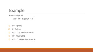 Example
Prove or disprove
{WY,XZ}  WX  Y
1) WY(given)
2) XZ(given)
3) WX  XY(use IR2 on line 1)
4) XYY (using IR1)
5) WX  Y (IR3 on lines 3 and 4)
 