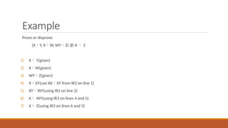 Example
Prove or disprove
{XY, XW, WYZ}  X  Z
1) X Y(given)
2) XW(given)
3) WYZ(given)
4) XXY(use XXXY from IR2 on line 1)
5) XYWY(using IR2 on line 2)
6) X WY(using IR3 on lines 4 and 5)
7) X Z(using IR3 on lines 6 and 3)
 