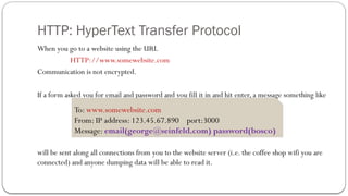 HTTP: HyperText Transfer Protocol
When you go to a website using the URL
HTTP://www.somewebsite.com
Communication is not encrypted.
If a form asked you for email and password and you fill it in and hit enter, a message something like
will be sent along all connections from you to the website server (i.e. the coffee shop wifi you are
connected) and anyone dumping data will be able to read it.
To: www.somewebsite.com
From: IP address: 123.45.67.890 port:3000
Message: email(george@seinfeld.com) password(bosco)
 
