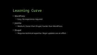 Learning Curve
• WordPress
• Easy, No experience required
• Joomla
• Medium, Easier than Drupal, harder than WordPress.
• Drupal
• Requires technical expertise. Major updates are an effort
 