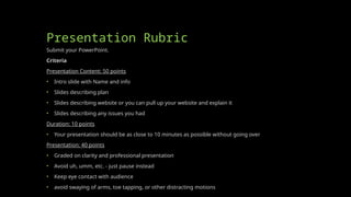 Presentation Rubric
Submit your PowerPoint.
Criteria
Presentation Content: 50 points
• Intro slide with Name and info
• Slides describing plan
• Slides describing website or you can pull up your website and explain it
• Slides describing any issues you had
Duration: 10 points
• Your presentation should be as close to 10 minutes as possible without going over
Presentation: 40 points
• Graded on clarity and professional presentation
• Avoid uh, umm, etc. - just pause instead
• Keep eye contact with audience
• avoid swaying of arms, toe tapping, or other distracting motions
 