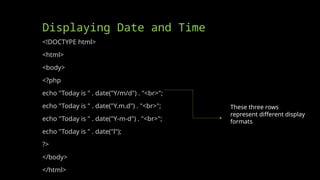 Displaying Date and Time
<!DOCTYPE html>
<html>
<body>
<?php
echo "Today is " . date("Y/m/d") . "<br>";
echo "Today is " . date("Y.m.d") . "<br>";
echo "Today is " . date("Y-m-d") . "<br>";
echo "Today is " . date("l");
?>
</body>
</html>
These three rows
represent different display
formats
 