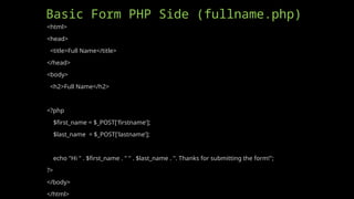 Basic Form PHP Side (fullname.php)
<html>
<head>
<title>Full Name</title>
</head>
<body>
<h2>Full Name</h2>
<?php
$first_name = $_POST['firstname'];
$last_name = $_POST['lastname'];
echo "Hi " . $first_name . " " . $last_name . ". Thanks for submitting the form!";
?>
</body>
</html>
 