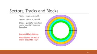 Sectors, Tracks and Blocks
89
Tracks – rings on the disk
Sectors – slices of the disk
Blocks – part of a track from
sector boundary to sector
boundary.
Example) Block Address
Block address for track 3
sector 2 could be <3,2>
 