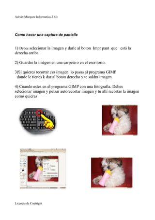 Adrián Márquez Informatica 2 4B




Como hacer una captura de pantalla


1) Debes selecionar la imagen y darle al boton Impr pant que está la
derecha arriba.

2) Guardas la imágen en una carpeta o en el escritorio.

3)Si quieres recortar esa imagen lo pasas al programa GIMP
 donde le tienes k dar al boton derecho y te saldra imagen.

4) Cuando estes en el programa GIMP con una fotografía. Debes
selecionar imagén y pulsar autorecortar imagén y tu allí recortas la imagen
como quieras




Licencia de Copiright
 