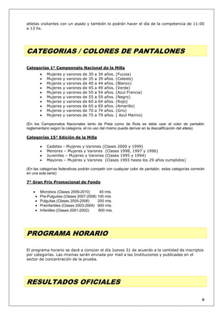 atletas visitantes con un asado y también lo podrán hacer el día de la competencia de 11:00
a 13 hs.

CATEGORIAS / COLORES DE PANTALONES
Categorías 1° Campeonato Nacional de la Milla
Mujeres
Mujeres
Mujeres
Mujeres
Mujeres
Mujeres
Mujeres
Mujeres
Mujeres
Mujeres

y
y
y
y
y
y
y
y
y
y

varones
varones
varones
varones
varones
varones
varones
varones
varones
varones

de
de
de
de
de
de
de
de
de
de

30
35
40
45
50
55
60
65
70
75

a
a
a
a
a
a
a
a
a
a

34
39
44
49
54
59
64
69
74
79

años.
años.
años.
años.
años.
años.
años.
años.
años.
años.

(Fucsia)
(Celeste)
(Blanco)
(Verde)
(Azul Francia)
(Negro)
(Rojo)
(Amarillo)
(Gris)
( Azul Marino)

(En los Campeonatos Nacionales tanto de Pista como de Ruta se debe usar el color de pantalón
reglamentario según la categoría, el no uso del mismo puede derivar en la descalificación del atleta)
Categorías 15° Edición de la Milla
Cadetes - Mujeres y Varones (Clases 2000 y 1999)
Menores – Mujeres y Varones (Clases 1998, 1997 y 1996)
Juveniles – Mujeres y Varones (Clases 1995 y 1994)
Mayores – Mujeres y Varones (Clases 1993 hasta los 29 años cumplidos)
(En las categorías federativas podrán competir con cualquier color de pantalón, estas categorías correrán
en una sola serie)
7° Gran Prix Promocional de Fondo
Microbios (Clases 2009-2010)
40 mts.
Pre-Pulguitas (Clases 2007-2008) 100 mts.
Pulguitas (Clases 2005-2006)
200 mts.
Preinfantiles (Clases 2003-2004) 600 mts.
Infantiles (Clases 2001-2002)
800 mts.

PROGRAMA HORARIO
El programa horario se dará a conocer el día Jueves 31 de acuerdo a la cantidad de inscriptos
por categorías. Las mismas serán enviada por mail a las Instituciones y publicadas en el
sector de concentración de la prueba.

RESULTADOS OFICIALES
6

 