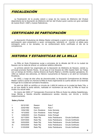 FISCALIZACIÓN
La fiscalización de la prueba estará a cargo de los Jueces de Atletismo del Chubut
dependiente de la Asociación de Atletismo del Sur del Chubut quien cuenta con gran cantidad
de Jueces Nivel 1 IAAF y Jueces Federativos.

CERTIFICADO DE PARTICIPACIÓN
La Asociación Chubutense de Atletas Master entregará a quien lo solicite el certificado de
participación para presentarlo a quien corresponda, solicitarlo al inscribir al atleta para
entregarlo junto a los dorsales, no se confeccionará dicho certificado el día de la
competencia.

HISTORIA Y ESTADISTICAS DE LA MILLA
La Milla en Ruta Chubutense surge a principios de la década del 90 en la ciudad de
Rawson con la meta de ofrecer un certamen atlético diferente.
La primera edición fue organizada por la Asociación de Atletismo de Rawson, siendo su
principal promotor Ramón Flores. Es así que el 5 de Octubre de 1991 Gastón Rehl de Trelew
con un tiempo de 4m45s y Salma Antonio de Puerto Madryn y 6m40s resultan ganadores. En
1992 se realizan dos ediciones, en febrero nuevamente en Rawson y en abril en Comodoro
Rivadavia.
En 2002, y luego de diez años de discontinuidad, la Asociación Comodorense de Atletas
Master vuelve a poner en marcha la Milla en Ruta organizando la cuarta edición en la Avenida
Portugal de la ciudad de Comodoro Rivadavia.
En abril de 2003 se certifica un circuito de 1.609,34 metros en la ciudad de Rada Tilly, y
es así que desde la sexta edición, realizada en noviembre de ese año, la Milla en Ruta se
muda a su actual sede.
En marzo del 2009 (1er Campeonato Provincial de Milla en Ruta) los atletas Radatilenses,
Jorge Mérida y Sandra Amarillo establecieron sendos récords, con 4m14s y 4m55s
respectivamente.
Sedes y Fechas
I

05/10/1991

Rawson

Ruta 7

II

22/02/1992

Rawson

Ruta 7

III

10/04/1992

Com. Rivadavia

Avda. Kennedy

IV

14/12/2002

Com. Rivadavia

Avda. Portugal

V

14/06/2003

Com. Rivadavia

Avda. Portugal

VI

02/11/2003

Rada Tilly

Avda. Piedrabuena

Circuito Certificado

VII

03/07/2004

Rada Tilly

Avda. Piedrabuena

Circuito Certificado

VIII

02/03/2005

Rada Tilly

Avda. Piedrabuena

Circuito Certificado

IX

04/03/2006

Rada Tilly

Avda. Piedrabuena

Circuito Certificado

X

01/03/2008

Rada Tilly

Avda. Piedrabuena

Circuito Certificado
8

 