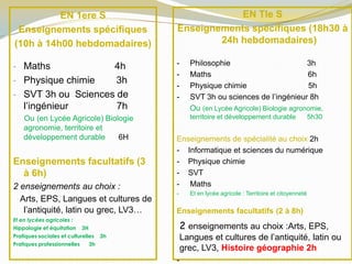 EN 1ere S
Enseignements spécifiques
(10h à 14h00 hebdomadaires)
- Maths 4h
- Physique chimie 3h
- SVT 3h ou Sciences de
l’ingénieur 7h
Ou (en Lycée Agricole) Biologie
agronomie, territoire et
développement durable 6H
Enseignements facultatifs (3
à 6h)
2 enseignements au choix :
Arts, EPS, Langues et cultures de
l’antiquité, latin ou grec, LV3…
Et en lycées agricoles :
Hippologie et équitation 3H
Pratiques sociales et culturelles 3h
Pratiques professionnelles 3h
EN Tle S
Enseignements spécifiques (18h30 à
24h hebdomadaires)
- Philosophie 3h
- Maths 6h
- Physique chimie 5h
- SVT 3h ou sciences de l’ingénieur 8h
Ou (en Lycée Agricole) Biologie agronomie,
territoire et développement durable 5h30
Enseignements de spécialité au choix 2h
- Informatique et sciences du numérique
- Physique chimie
- SVT
- Maths
- Et en lycée agricole : Territoire et citoyenneté
- et citoyenneté
- Territoire et citoyenneté
- Territoire et citoyenneté
-
Enseignements facultatifs (2 à 8h)
2 enseignements au choix :Arts, EPS,
Langues et cultures de l’antiquité, latin ou
grec, LV3, Histoire géographie 2h
 