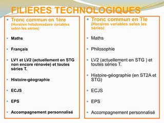 FILIERES TECHNOLOGIQUES
 Tronc commun en 1ère
(Horaires hebdomadaire variables
selon les séries)
 Maths
 Français
 LV1 et LV2 (actuellement en STG
non encore rénovée) et toutes
séries T.
 Histoire-géographie
 ECJS
 EPS
 Accompagnement personnalisé
 Tronc commun en Tle
(Horaires variables selon les
séries)
 Maths
 Philosophie
 LV2 (actuellement en STG ) et
toutes séries T.
 Histoire-géographie (en ST2A et
STG)
 ECJS
 EPS
 Accompagnement personnalisé
 