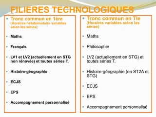 FILIERES TECHNOLOGIQUES
 Tronc commun en 1ère
(Horaires hebdomadaire variables
selon les séries)
 Maths
 Français
 LV1 et LV2 (actuellement en STG
non rénovée) et toutes séries T.
 Histoire-géographie
 ECJS
 EPS
 Accompagnement personnalisé
 Tronc commun en Tle
(Horaires variables selon les
séries)
 Maths
 Philosophie
 LV2 (actuellement en STG) et
toutes séries T.
 Histoire-géographie (en ST2A et
STG)
 ECJS
 EPS
 Accompagnement personnalisé
 