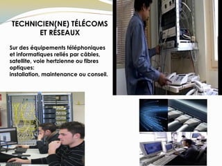 TECHNICIEN(NE) TÉLÉCOMS
ET RÉSEAUX
Sur des équipements téléphoniques
et informatiques reliés par câbles,
satellite, voie hertzienne ou fibres
optiques:
installation, maintenance ou conseil.
 