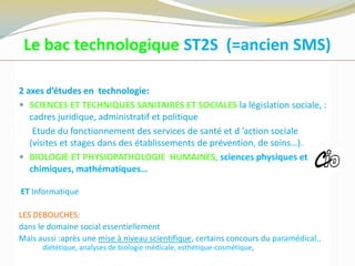 Le bac technologique ST2S (=ancien SMS)
2 axes d’études en technologie:
 SCIENCES ET TECHNIQUES SANITAIRES ET SOCIALES la législation sociale, :
cadres juridique, administratif et politique
Etude du fonctionnement des services de santé et d ’action sociale
(visites et stages dans des établissements de prévention, de soins…).
 BIOLOGIE ET PHYSIOPATHOLOGIE HUMAINES, sciences physiques et
chimiques, mathématiques…
ET Informatique
LES DEBOUCHES:
dans le domaine social essentiellement
Mais aussi :après une mise à niveau scientifique, certains concours du paramédical.,
diététique, analyses de biologie médicale, esthétique-cosmétique,
ROISSY
 