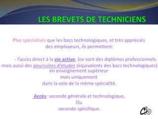 Plus spécialisés que les bacs technologiques, et très appréciés
des employeurs, ils permettent:
- l’accès direct à la vie active, (ce sont des diplômes professionnels
-mais aussi des poursuites d’études (équivalents des bacs technologiques)
en enseignement supérieur
mais uniquement
dans la voie de la même spécialité.
Accès: seconde générale et technologique,
Ou
seconde spécifique.
ROISSY
 