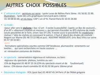 AUTRES CHOIX POSSIBLES
 L’ artisanat d’art : peinture sur verre : Lycée Lucas de Néhou Paris 5ème : 01 56 81 25 90.
Illustration : lycée des arts graphiques Corvisard paris 13ème
01 44 08 65 00, art du bijou :CAP 1 an LP N. Flamel Paris 01 53 01 26 80
 La mode :
-(pour aller vers le stylisme = bac +2 art - il existe la possibilité –(après un Bac de couture)-,
d’un BT « vêtement création et mesures », qui permet d’accéder au BTS stylisme de mode
(seule possibilité de le faire, sinon: bac STI 2A). Il existe aussi la possibilité du modélisme -
réaliser l ’idée du styliste en concevant le patron- il faut d ’abord des études de couture :
Nogent sur Marne (01 48 73 22 98) et puis : ASISTANT MODELISTE :(niv. Bac) Vitry sur seine
01 47 18 16 60 )
aussi
-formations spécialisées courtes comme CAP brodeuse, plumassière -ornements sur
textiles… qui sont recherchées en haute couture- …
et -rénovation costumes de théâtre.
 Le spectacle : conservatoire régionaux et nationaux, ou bien:
régisseur du spectacle :plateau, lumière ou son:
CFA de Bagnolet 01 48 97 25 16 (CFA du spectacle vivant et de l’audiovisuel)
danse : CFA danse-chant-comédie 01 45 01 92 06 paris 16ème privé
 Décorateur étalagiste : FCIL (post bac) 01 48 87 45 34 Paris LP de l’Abbé grégoire
 