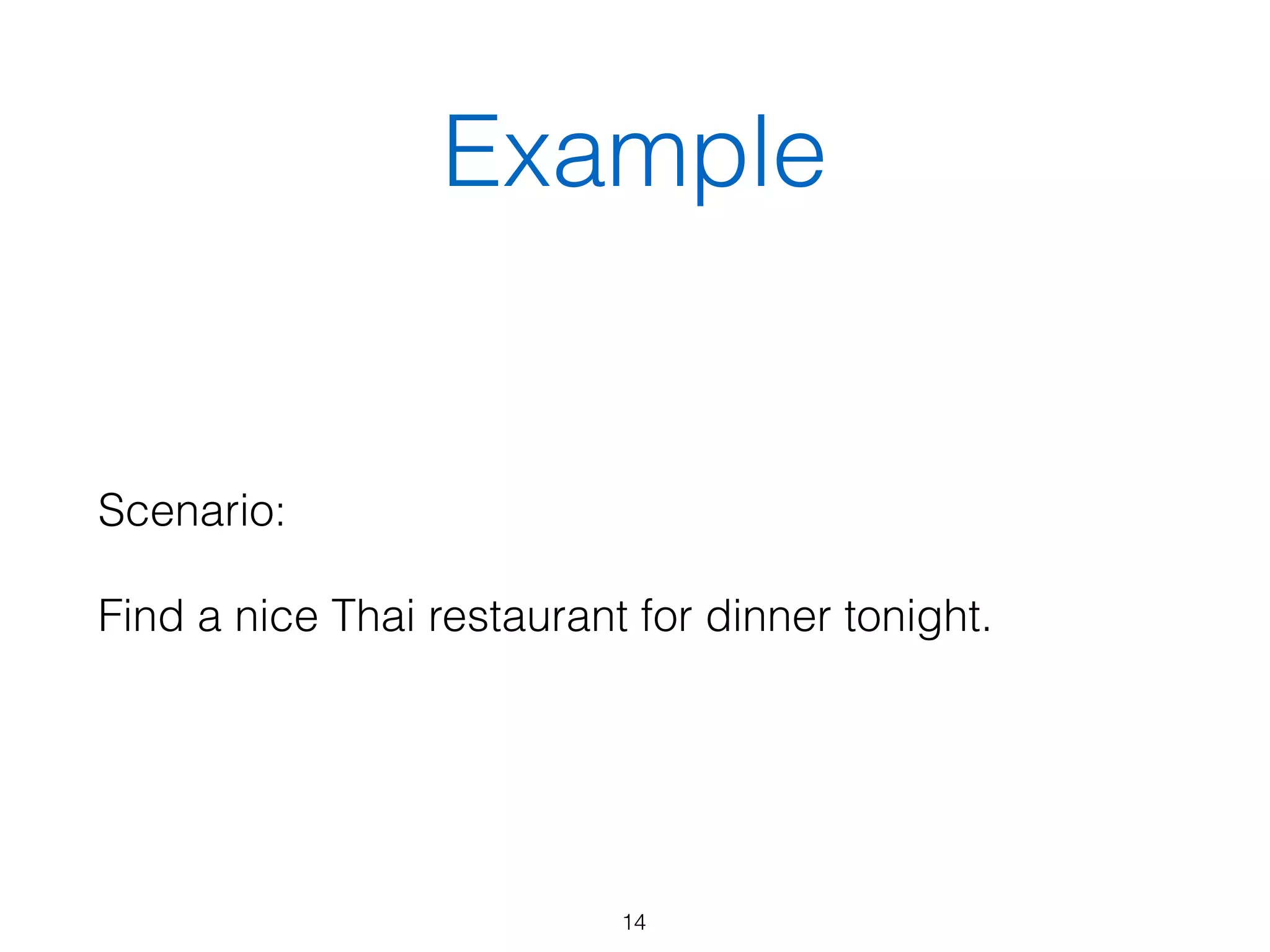 Example
Scenario:
Find a nice Thai restaurant for dinner tonight.
14
 