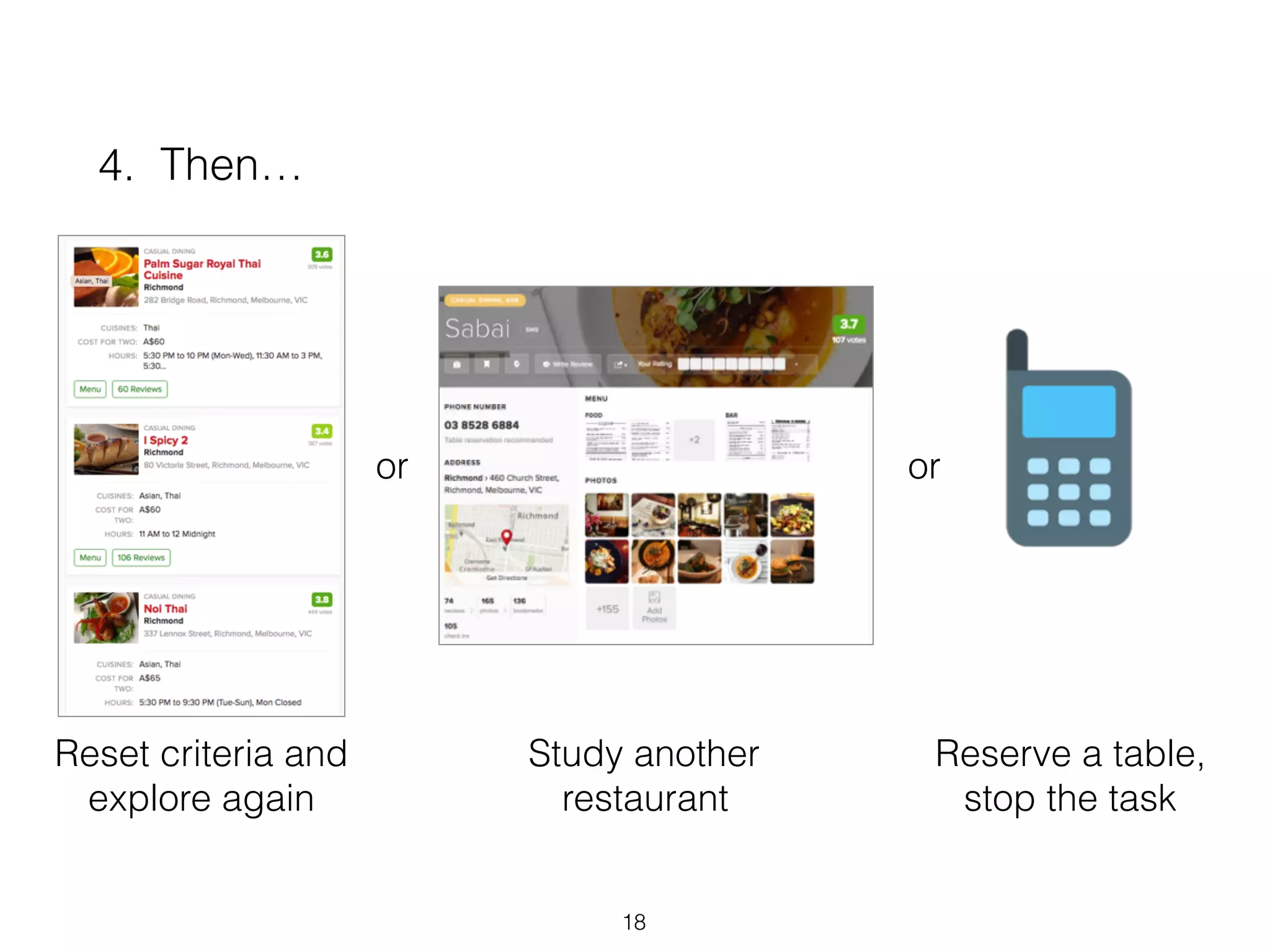 4. Then…
18
Reset criteria and
explore again
Study another
restaurant
Reserve a table,
stop the task
or or
 