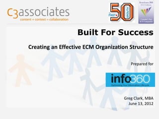 Built For Success
Creating an Effective ECM Organization Structure

                                              Prepared for




                                           Greg Clark, MBA
                                             June 13, 2012

               ©2012 C3 Associates, Inc.
 