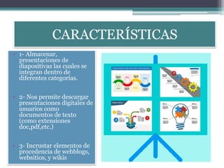 CARACTERÍSTICAS
• 1- Almacenar,
presentaciones de
diapositivas las cuales se
integran dentro de
diferentes categorías.
• 2- Nos permite descargar
presentaciones digitales de
usuarios como
documentos de texto
(como extensiones
doc,pdf,etc.)
• 3- Incrustar elementos de
procedencia de webblogs,
websitios, y wikis
 