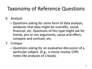 Taxonomy of Reference Questions
6. Analysis
– Questions asking for some form of data analysis,
whatever that data might be-scientific, social,
financial, etc. Questions of this type might ask for
trends, pro or con arguments, cause and effect,
compare and contrast, etc.
7. Critique
– Questions asking for an evaluative discussion of a
particular subject. (E.g., a movie review, Cliffs
notes-like analyses of a book).
9
 