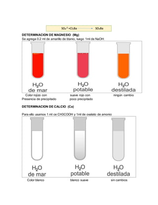 DETERMINACION DE MAGNESIO (Mg)
Se agrega 0.2 ml de amarillo de titanio, luego 1ml de NaOH:
Color rojizo con suave rojo con ningún cambio
Presencia de precipitado poco precipitado
DETERMINACION DE CALCIO (Ca)
Para ello usamos 1 ml ce CH3COOH y 1ml de oxalato de amonio
Color blanco blanco suave sin cambios
SO4
-2 +Cl2Ba SO4Ba
 