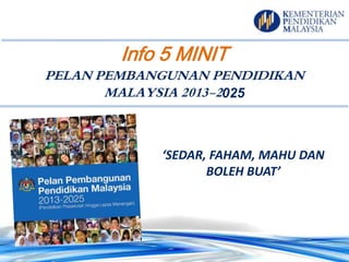 Info 5 MINIT
PELAN PEMBANGUNAN PENDIDIKAN
MALAYSIA 2013-2025
‘SEDAR, FAHAM, MAHU DAN
BOLEH BUAT’
 