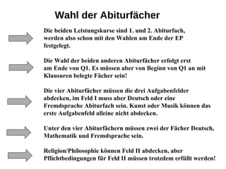 Wahl der Abiturfächer Die beiden Leistungskurse sind 1. und 2. Abiturfach, werden also schon mit den Wahlen am Ende der EP festgelegt. Die Wahl der beiden anderen Abiturfächer erfolgt erst  am Ende von Q1. Es müssen aber von Beginn von Q1 an mit Klausuren belegte Fächer sein! Die vier Abiturfächer müssen die drei Aufgabenfelder abdecken, im Feld I muss aber Deutsch oder eine Fremdsprache Abiturfach sein. Kunst oder Musik können das erste Aufgabenfeld alleine nicht abdecken. Unter den vier Abiturfächern müssen zwei der Fächer Deutsch, Mathematik und Fremdsprache sein. Religion/Philosophie können Feld II abdecken, aber Pflichtbedingungen für Feld II müssen trotzdem erfüllt werden! 