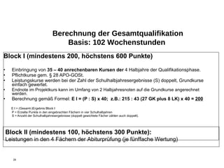 Block I (mindestens 200, höchstens 600 Punkte) Einbringung von  35 – 40 anrechenbaren Kursen der  4 Halbjahre der Qualifikationsphase. Pflichtkurse gem. § 28 APO-GOSt. Leistungskurse werden bei der Zahl der Schulhalbjahresergebnisse (S) doppelt, Grundkurse einfach gewertet. Endnote im Projektkurs kann im Umfang von 2 Halbjahresnoten auf die Grundkurse angerechnet  werden. Berechnung gemäß Formel:  E I = (P : S) x 40;  z.B.: 215 : 43 (27 GK plus 8 LK) x 40 =  200   E I = (Gesamt-)Ergebnis Block I P = Erzielte Punkte in den eingebrachten Fächern in vier Schulhalbjahren S = Anzahl der Schulhalbjahresergebnisse (doppelt gewichtete Fächer zählen auch doppelt). Berechnung der Gesamtqualifikation Basis: 102 Wochenstunden  Block II (mindestens 100, höchstens 300 Punkte): Leistungen in den 4 Fächern der Abiturprüfung (je fünffache Wertung) 
