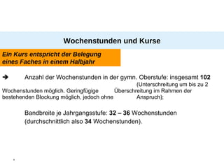 Wochenstunden und Kurse Anzahl der Wochenstunden in der gymn. Oberstufe: insgesamt  102   (Unterschreitung um bis zu 2 Wochenstunden möglich. Geringfügige  Überschreitung im Rahmen der bestehenden Blockung möglich, jedoch ohne  Anspruch); Bandbreite je Jahrgangsstufe:  32 – 36  Wochenstunden  (durchschnittlich also  34  Wochenstunden). Ein Kurs entspricht der Belegung eines Faches in einem Halbjahr 