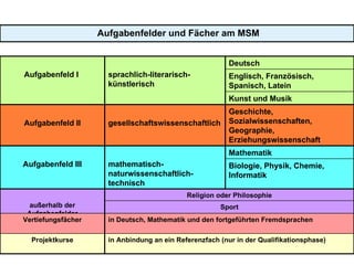 Aufgabenfelder und Fächer am MSM Aufgabenfeld I  sprachlich-literarisch-künstlerisch Deutsch Englisch, Französisch, Spanisch, Latein Kunst und Musik Aufgabenfeld II gesellschaftswissenschaftlich Geschichte, Sozialwissenschaften, Geographie, Erziehungswissenschaft Aufgabenfeld III mathematisch-naturwissenschaftlich-technisch Mathematik Biologie, Physik, Chemie, Informatik außerhalb der Aufgabenfelder Religion oder Philosophie Sport Vertiefungsfächer in Deutsch, Mathematik und den fortgeführten Fremdsprachen Projektkurse in Anbindung an ein Referenzfach (nur in der Qualifikationsphase) 