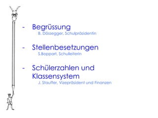 -   Begrüssung
     B. Dössegger, Schulpräsidentin


-   Stellenbesetzungen
     S.Boppart, Schulleiterin


-   Schülerzahlen und
    Klassensystem
     J. Stauffer, Vizepräsident und Finanzen
 