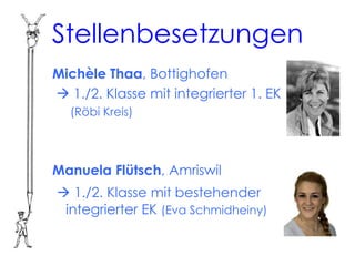 Stellenbesetzungen
Michèle Thaa, Bottighofen
 1./2. Klasse mit integrierter 1. EK
  (Röbi Kreis)




Manuela Flütsch, Amriswil
 1./2. Klasse mit bestehender
 integrierter EK (Eva Schmidheiny)
 