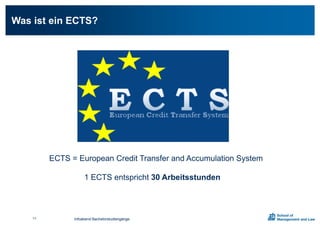 Was ist ein ECTS?
ECTS = European Credit Transfer and Accumulation System
1 ECTS entspricht 30 Arbeitsstunden
Infoabend Bachelorstudiengänge11
 