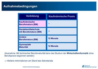 Infoabend Bachelorstudiengänge
Aufnahmebedingungen
84
Vorbildung Kaufmännische Praxis
Kaufmännische
Berufsmatura (BM)
Handelsmittelschule
mit Berufsmatura (BM)
Andere
Berufsmatura (BM)
Gymnasiale
Maturität
12 Monate
12 Monate
–
–
(Ausnahme: Mit technischer Berufsmaturität kann das Studium der Wirtschaftsinformatik ohne
Berufspraxis begonnen werden)
 Weitere Informationen am Stand des Sekretariats
 