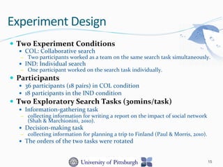Experiment	
  Design	
  
—  Two	
  Experiment	
  Conditions	
  
—  COL:	
  Collaborative	
  search	
  	
  
–  Two	
  participants	
  worked	
  as	
  a	
  team	
  on	
  the	
  same	
  search	
  task	
  simultaneously.	
  	
  
—  IND:	
  Individual	
  search	
  	
  
–  One	
  participant	
  worked	
  on	
  the	
  search	
  task	
  individually.	
  	
  
—  Participants	
  	
  
—  36	
  participants	
  (18	
  pairs)	
  in	
  COL	
  condition	
  
—  18	
  participants	
  in	
  the	
  IND	
  condition	
  
—  Two	
  Exploratory	
  Search	
  Tasks	
  (30mins/task)	
  
—  Information-­‐gathering	
  task	
  	
  
–  collecting	
  information	
  for	
  writing	
  a	
  report	
  on	
  the	
  impact	
  of	
  social	
  network	
  
(Shah	
  &	
  Marchionini,	
  2010).	
  	
  
—  Decision-­‐making	
  task	
  	
  
–  collecting	
  information	
  for	
  planning	
  a	
  trip	
  to	
  Finland	
  (Paul	
  &	
  Morris,	
  2010).	
  	
  
—  The	
  orders	
  of	
  the	
  two	
  tasks	
  were	
  rotated	
  
15
 