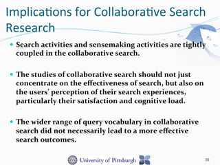 Implica-ons	
  for	
  Collabora-ve	
  Search	
  
Research	
  
—  Search	
  activities	
  and	
  sensemaking	
  activities	
  are	
  tightly	
  
coupled	
  in	
  the	
  collaborative	
  search.	
  
—  The	
  studies	
  of	
  collaborative	
  search	
  should	
  not	
  just	
  
concentrate	
  on	
  the	
  eﬀectiveness	
  of	
  search,	
  but	
  also	
  on	
  
the	
  users’	
  perception	
  of	
  their	
  search	
  experiences,	
  
particularly	
  their	
  satisfaction	
  and	
  cognitive	
  load.	
  
—  The	
  wider	
  range	
  of	
  query	
  vocabulary	
  in	
  collaborative	
  
search	
  did	
  not	
  necessarily	
  lead	
  to	
  a	
  more	
  eﬀective	
  
search	
  outcomes.	
  
39
 