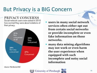 But	
  Privacy	
  is	
  a	
  BIG	
  Concern	
  
46
—  users	
  in	
  many	
  social	
  network	
  
services	
  often	
  either	
  opt	
  out	
  
from	
  certain	
  social	
  networks	
  
or	
  provide	
  incomplete	
  or	
  even	
  
fake	
  information	
  on	
  those	
  
networks.	
  	
  
—  many	
  data	
  mining	
  algorithms	
  
may	
  not	
  work	
  or	
  even	
  harm	
  
the	
  user	
  experience	
  when	
  
equipped	
  with	
  such	
  
incomplete	
  and	
  noisy	
  social	
  
information	
  
 